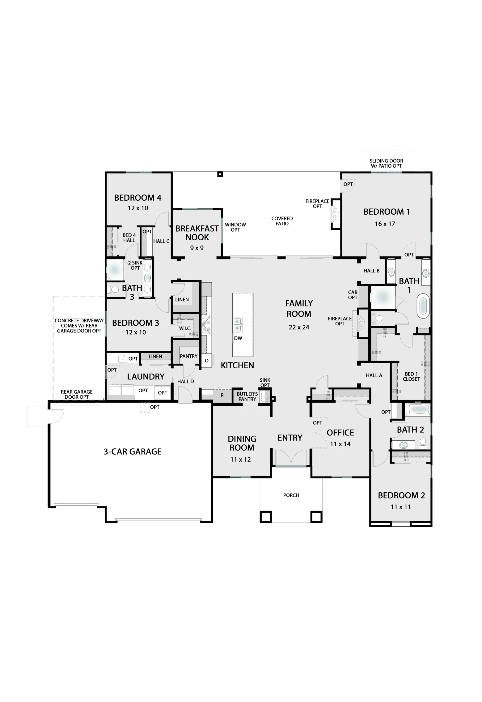 The Tacoma base floor plan — 3,064 square foot home with 4 bedrooms, 3 bathrooms, 3-car garage, chef's kitchen with butler's pantry, and expansive family room